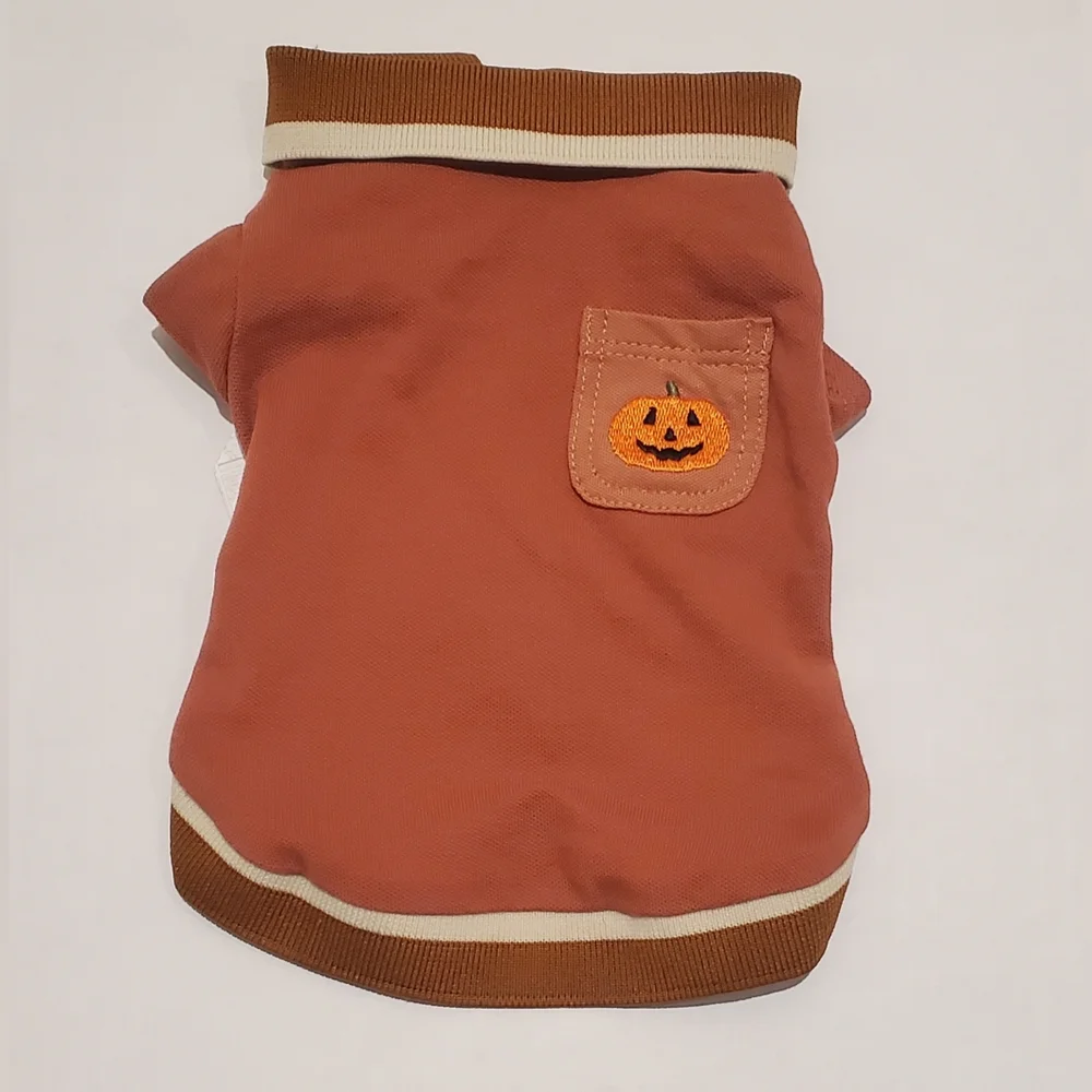 Dog Polo Shirt With Jack-o'-lantern Embroidery Rust/Brown/Cream Sz XS